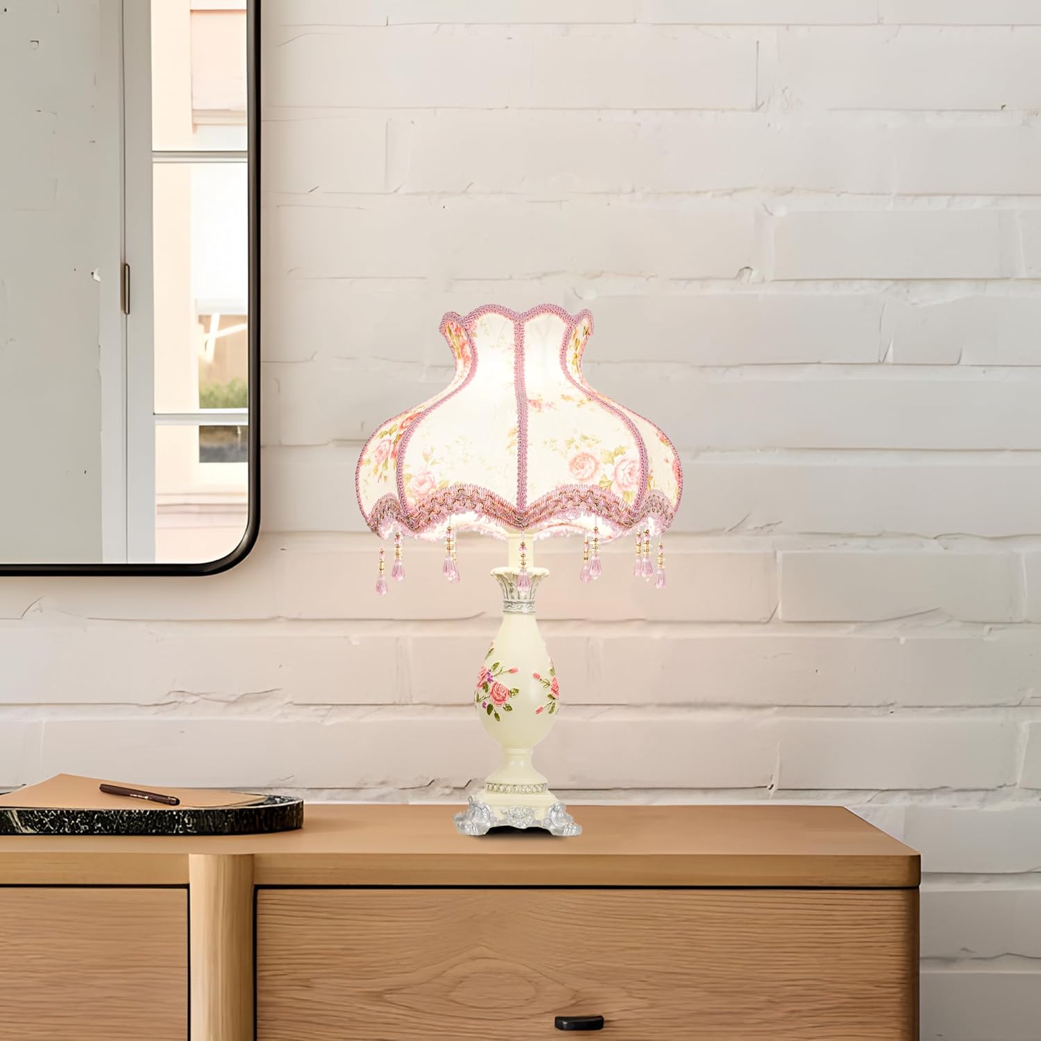 Cute Table Lamp with Fabric Lampshade, Antique Flower Decorative Bedside Desk Nightstand Lamp, Handmade Night Light for Bedroom Living Room (Pink and Beige)