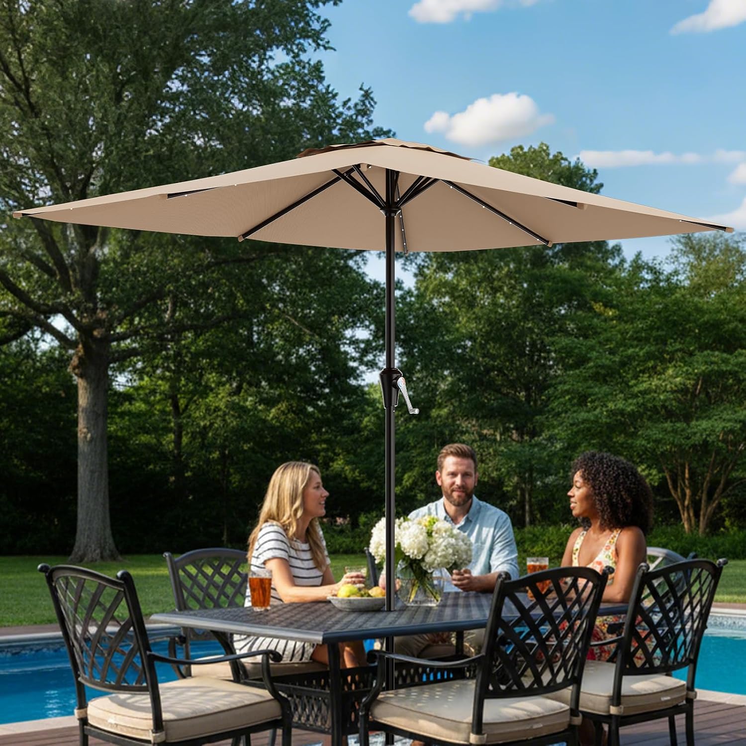 AreShark 8' X 10' Rectangular Patio Umbrella with Solar Lights, Lighted Solar Umbrella with Crank, Outdoor Table Umbrella for Garden, Deck, Backyard, Pool and Beach, Beige