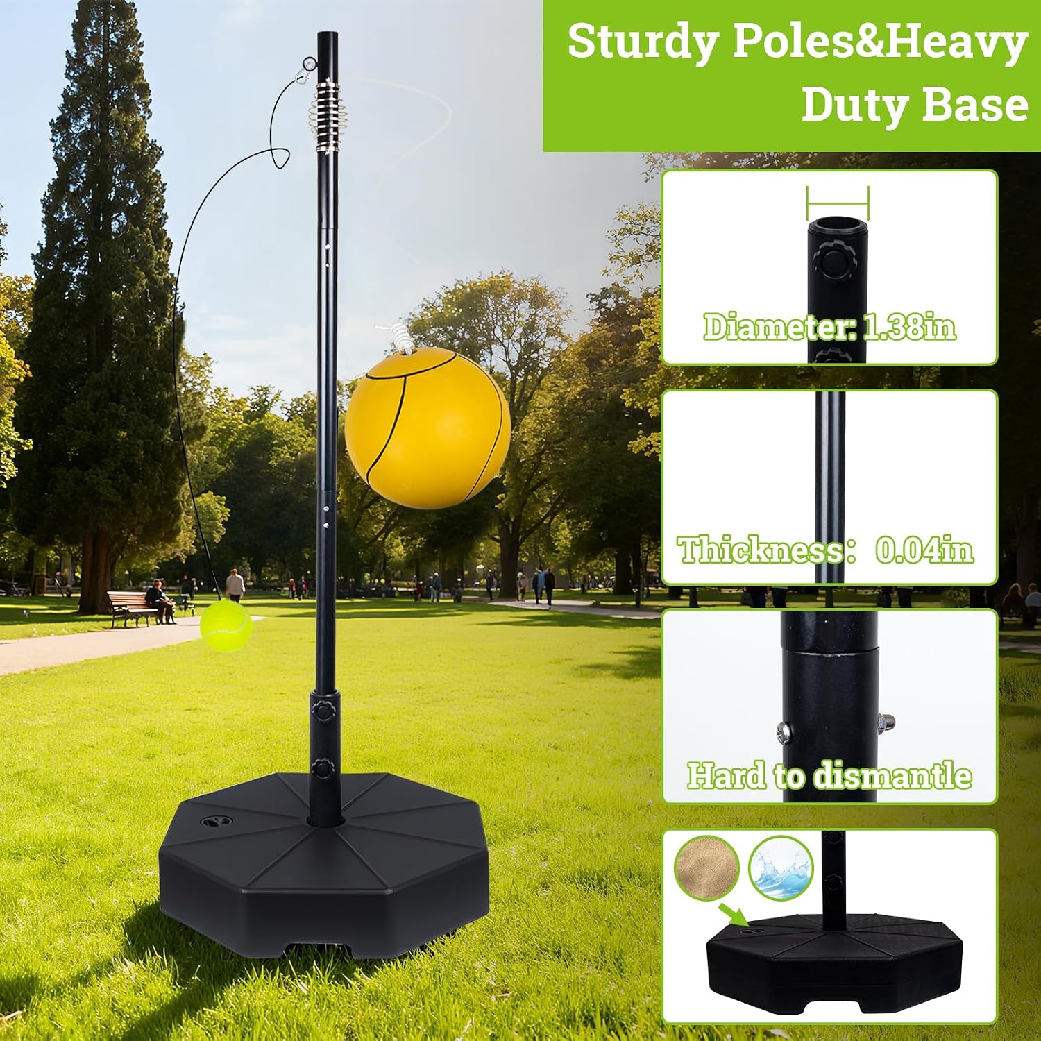 Tetherball Tennis&Tetherball Set with Sturdy Base,Tetherball Equipment for Backyard,with 9.83 Feet Adjustable Height Pole,2 Tennis Balls,2 Rackets,1 Tetherball with Rope,Fun Family Lawn Game (Black)