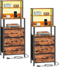 Furnulem Night Stand Set 2, LED nightstand Set of 2 with Charging Station, Bedside Table with Storage Shelf and 3 Fabric Drawers, Bed Side Table for Bedroom, Home Office, Dorm
