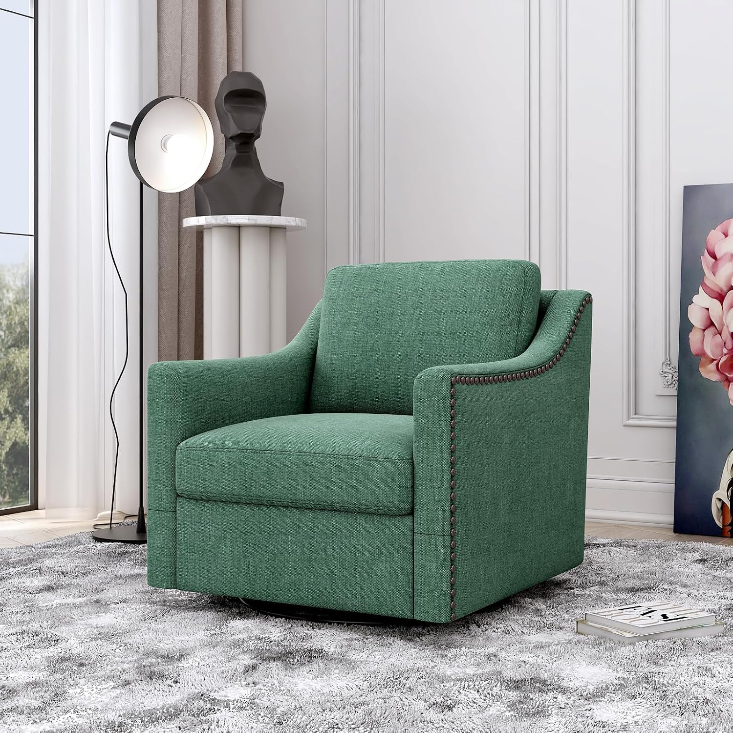 360° Swivel Armchair, Cotton Linen Skin-Friendly Fabric, Ergonomic Design with Brass Nail Decor, Accent Chair for Living Room & Bedroom