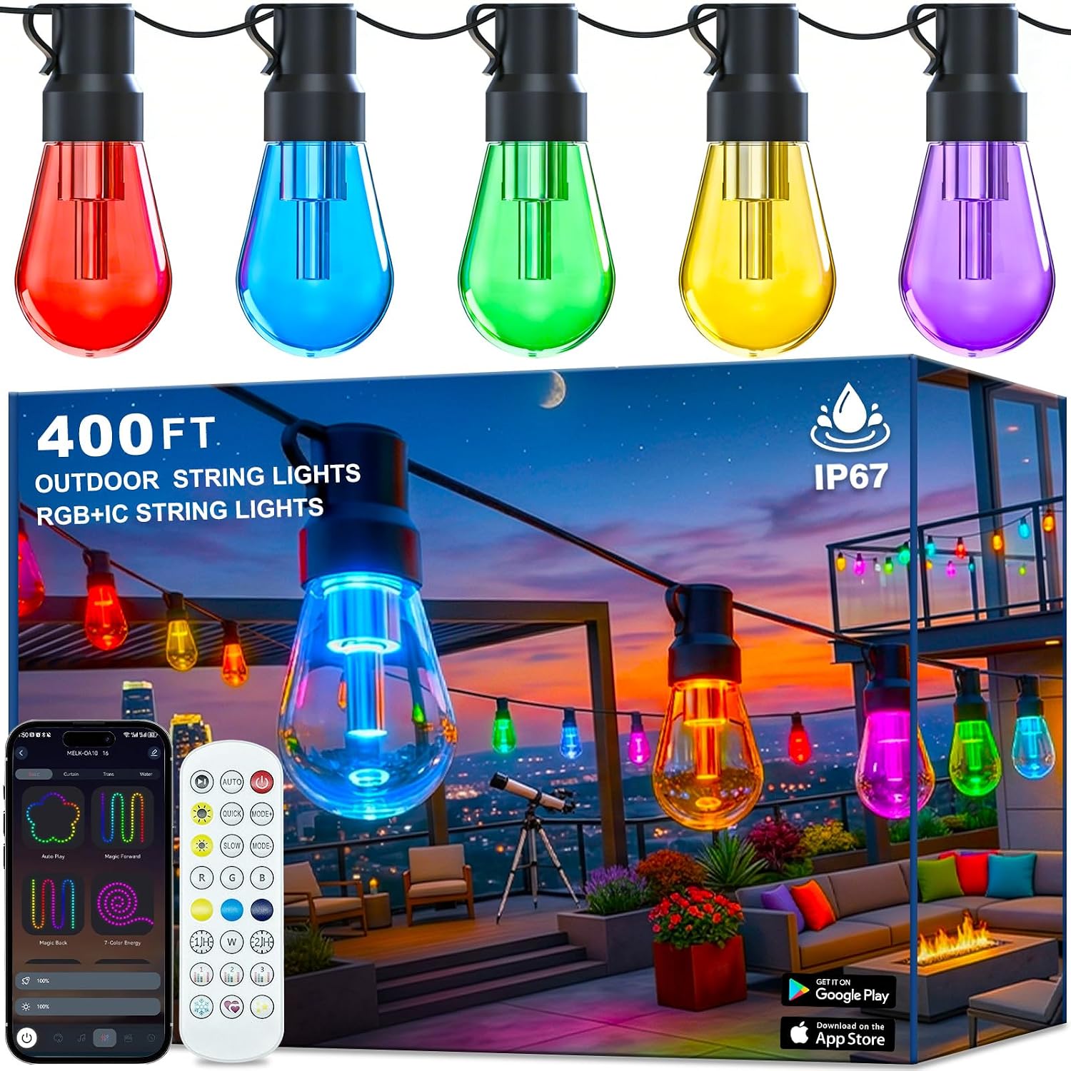 Outdoor String Lights,400FT Smart RGB+IC Patio Lights with Shatterproof LED Bulbs ,Outside Light Dimmable Patio for Decor DIY IP67 Waterproof ,Courtyard, garden,Holiday,LED lights more Scene Modes