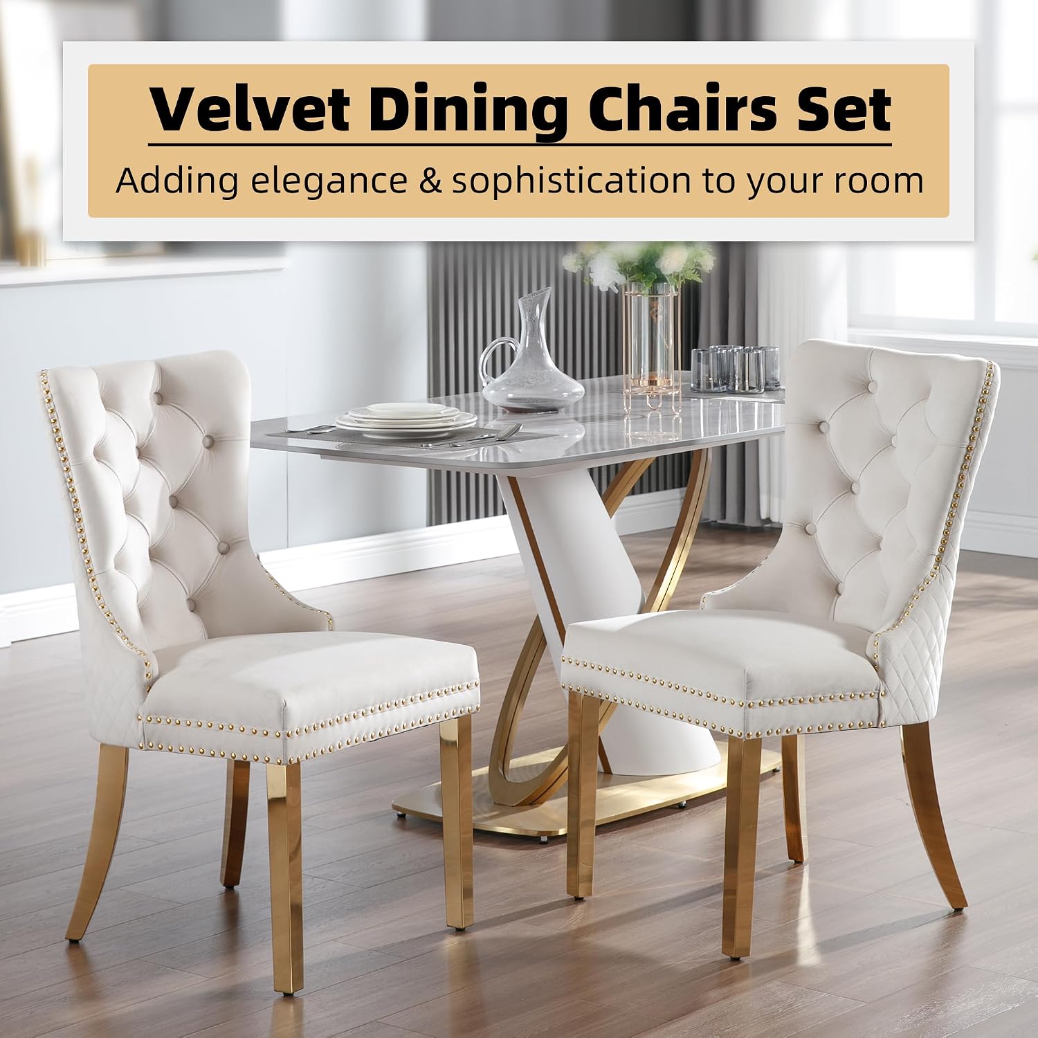 Velvet Dining Chairs Set of 2, Upholstered Dining Room Chairs, Mid-Century Modern Chairs with Diamond Lattice Tufted Back, Lion Pull Ring Rivet Trim, Golden Metal Legs for Kitchen, Beige