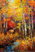 30 Original painting autumn forest, elk artwork, nature wall decor of woods, deer wall art trees room decoration scenery, Handmade Red Yellow Painting Landscape on Canvas by College Teachers 2