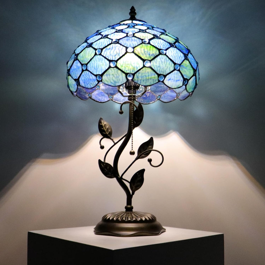 Tiffany Lamp Sea Blue Water Ripple Style Stained Glass Table Lamp Desk Bedside Reading Light 12X12X19 Inches with Metal Leaf Base