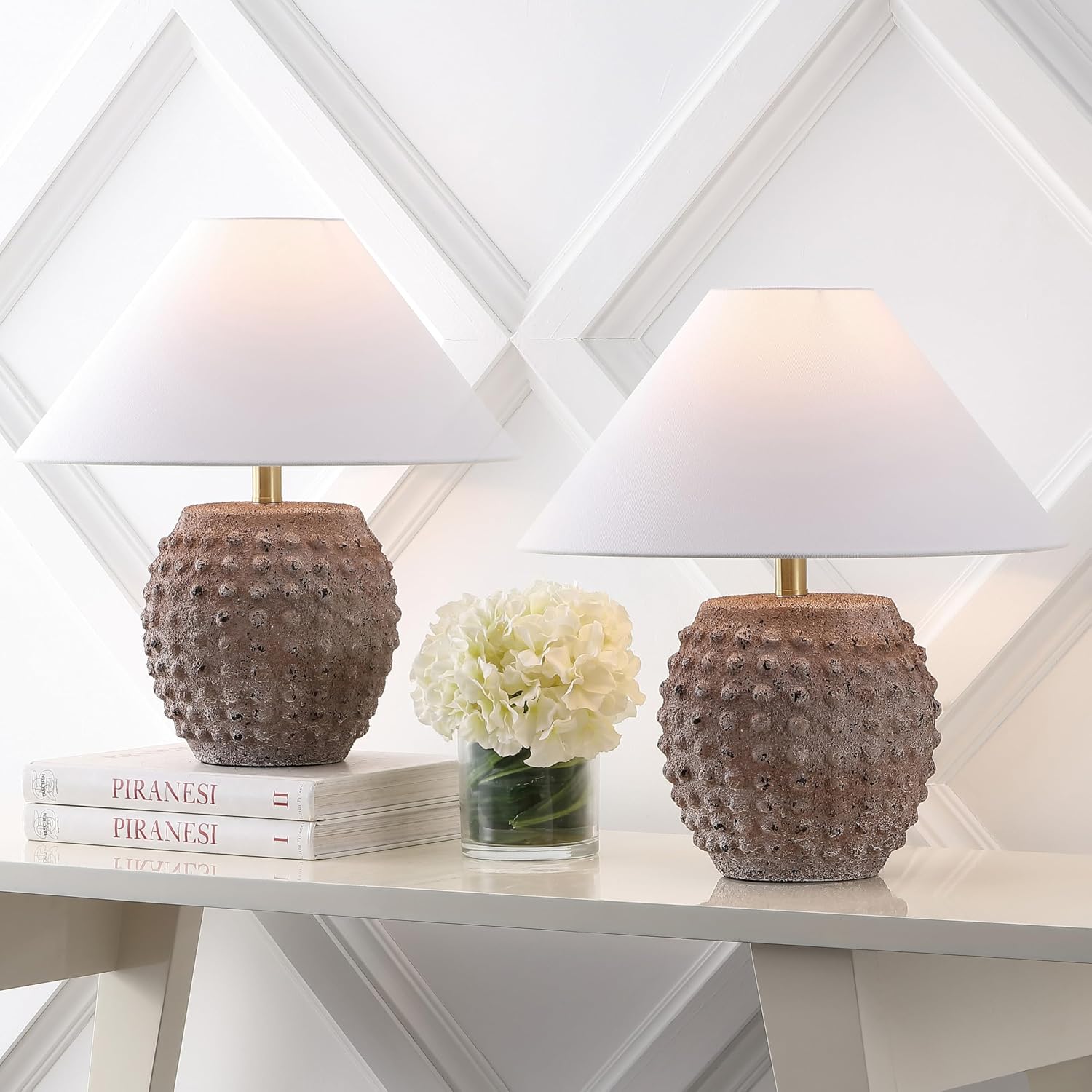 JONATHAN Y 18.25' Matte Taupe Ceramic Hobnail Table Lamp Set of 2 for Bedroom, Modern Minimalist Farmhouse Bedside Nightstand Lamps, White Linen Shade, LED Bulbs Included (JYL5601C-SET2)