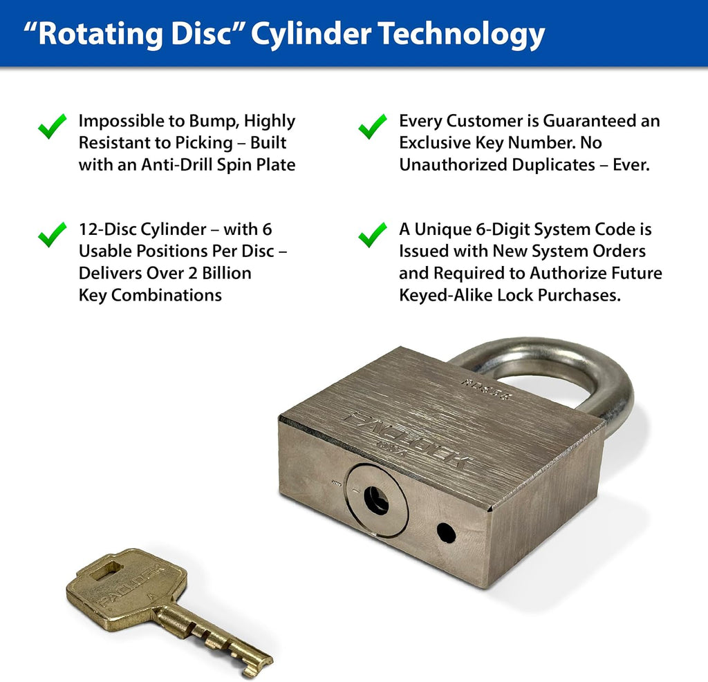 PACLOCK's RD655 Rotating Disc Padlock, 3/8' Dia. Stainless Steel Shackle, High Security Rotating Disc, Exclusive Key Number, U-Pick! Keyed Alike w/ 1 Key, Nickel-Plated Brass