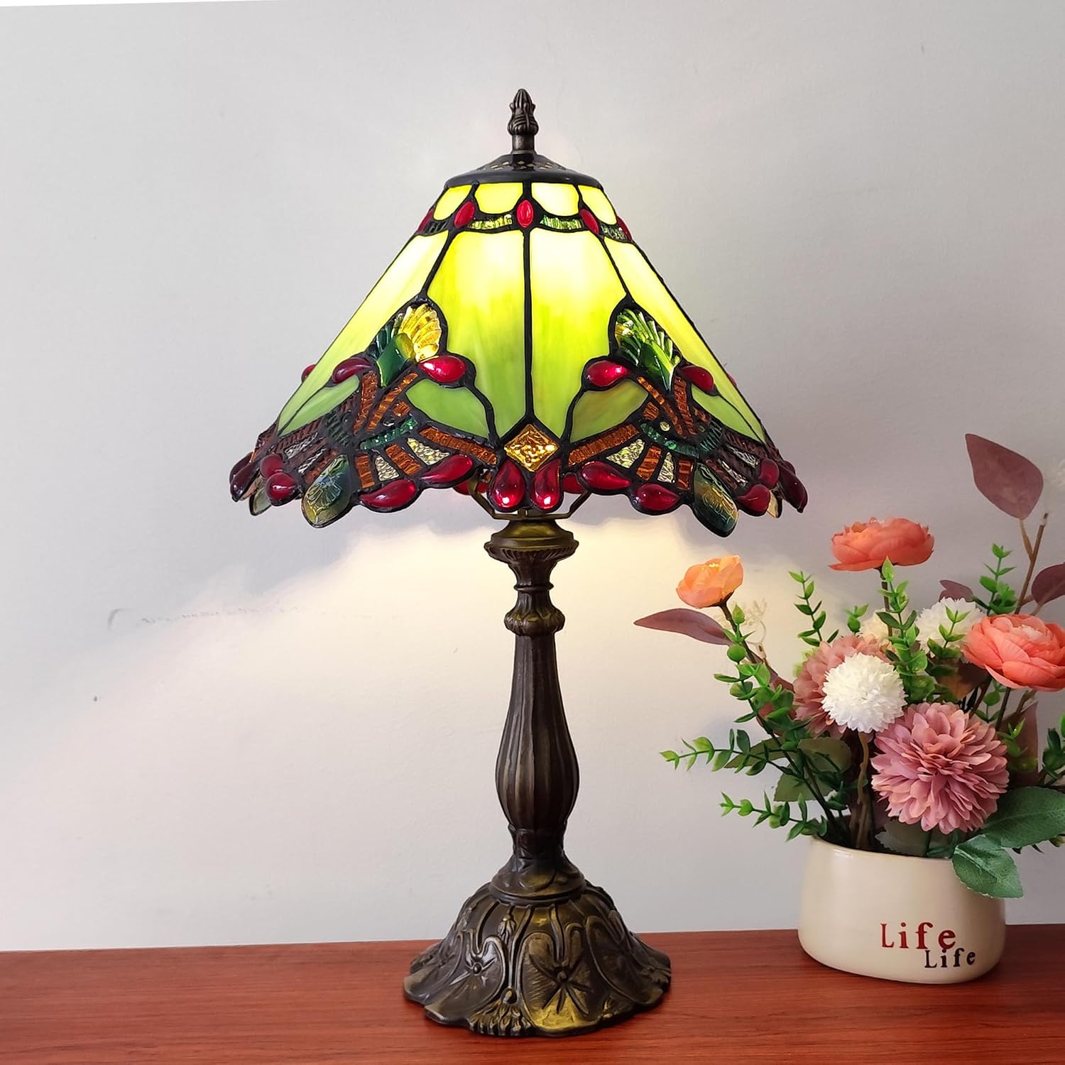 Tiffany lamp Green Baroque Style Stained Glass Table Lamp 12X12X19 Inches 3 -Way Tiffany Style Antique Light for Home Bedroom Living Room - 12W E26 Bulb Include