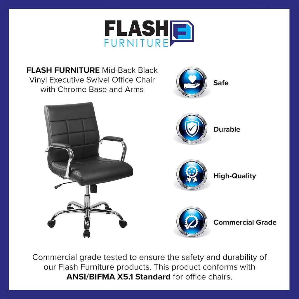 Flash Furniture Vivian Mid-Back Swivel Vinyl Upholstered Desk Chair with Padded Seat and Armrests, Adjustable Height Padded Office Chair, Black/Chrome