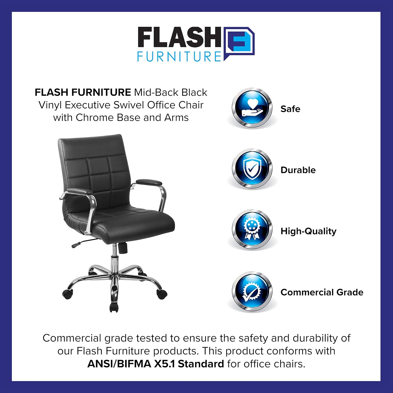 Flash Furniture Vivian Mid-Back Swivel Vinyl Upholstered Desk Chair with Padded Seat and Armrests, Adjustable Height Padded Office Chair, Black/Chrome