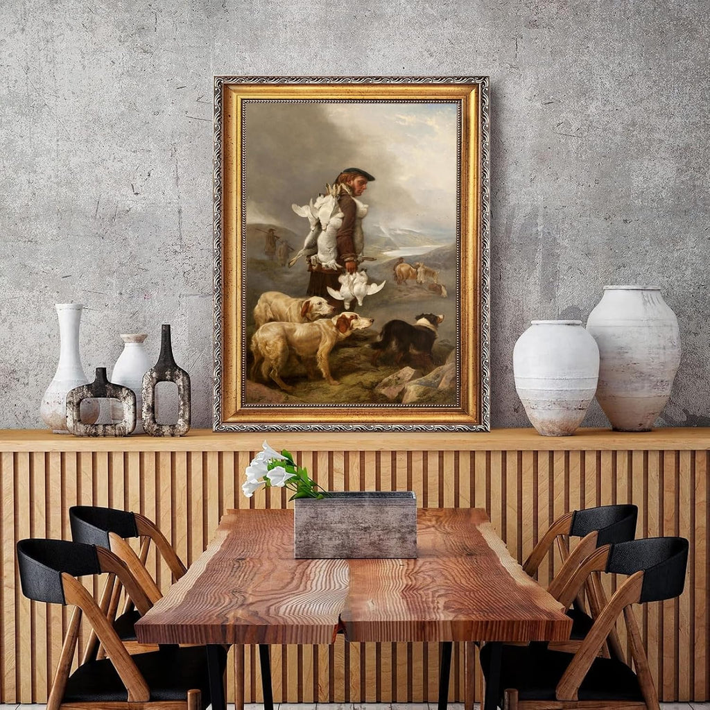 Large Gold Framed Winter Shooting Hares and Ptarmigan By Richard Ansdell Canvas Wall Art Coastal Countryside Scene Oil Paintings Reproduction Poster Rustic European Artwork Print Decor 24x36inch