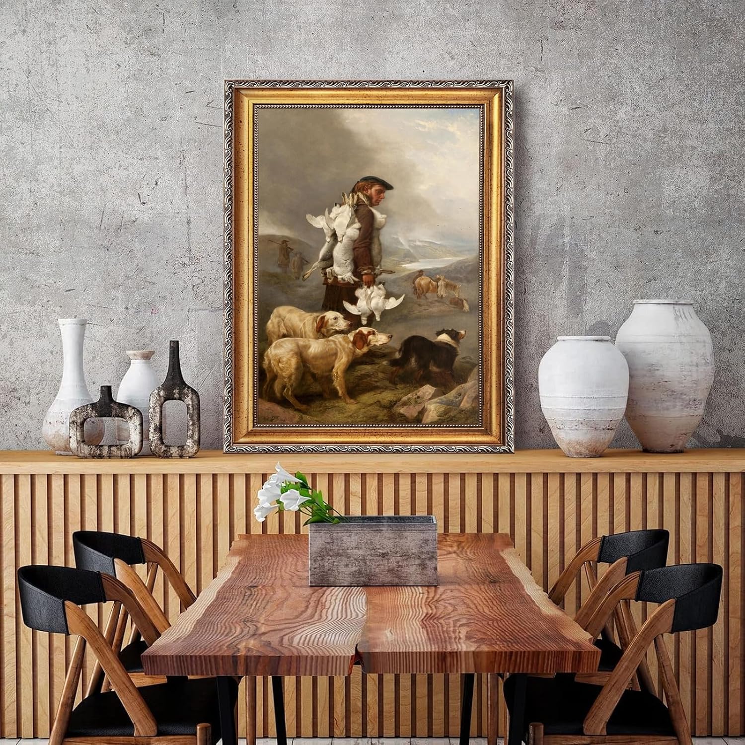 Large Gold Framed Winter Shooting Hares and Ptarmigan By Richard Ansdell Canvas Wall Art Coastal Countryside Scene Oil Paintings Reproduction Poster Rustic European Artwork Print Decor 24x36inch