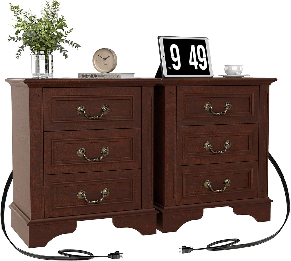 Farmhouse Night Stand with Charging Station, Bedside Table with 3 Drawers Storage and Outlets, Wood Nightstand for Bedroom, Living Room, Closet (Dark Brown)