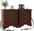 Farmhouse Night Stand with Charging Station, Bedside Table with 3 Drawers Storage and Outlets, Wood Nightstand for Bedroom, Living Room, Closet (Dark Brown)