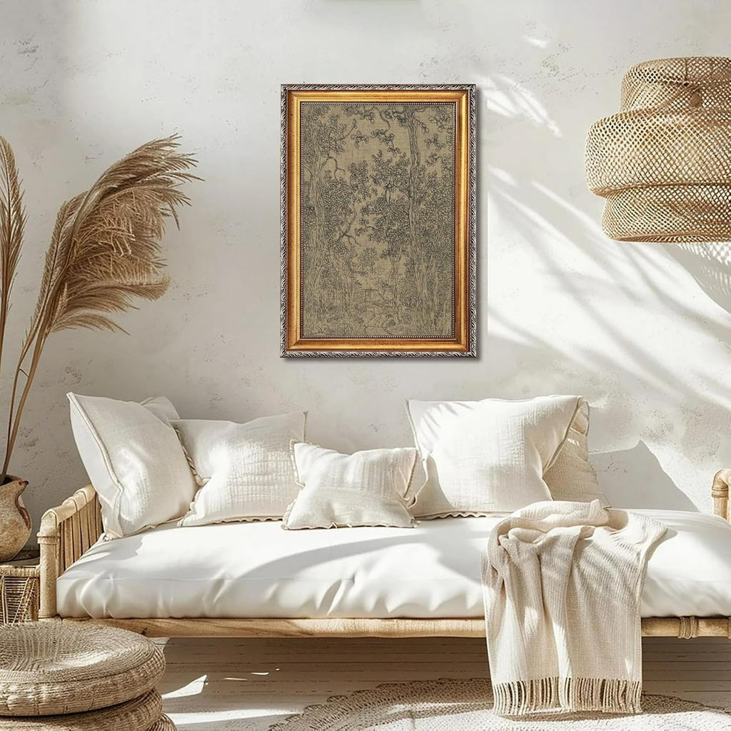 Retro Gold Framed Landscape Sketch Canvas Wall Art Vintage Classic Mystical Forest Moody Woodland Painting Poster Antique Dark Drawing French Country Farmhouse Print Artwork Home Decor 24x36inch