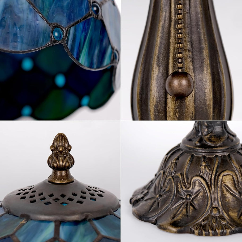 Tiffany Style Table Lamp Vintage Stained Glass Desk Lamp Sea Blue Pearls Bedside Reading Light Decor Bedroom Living Room Entry Home Office D12 xH18