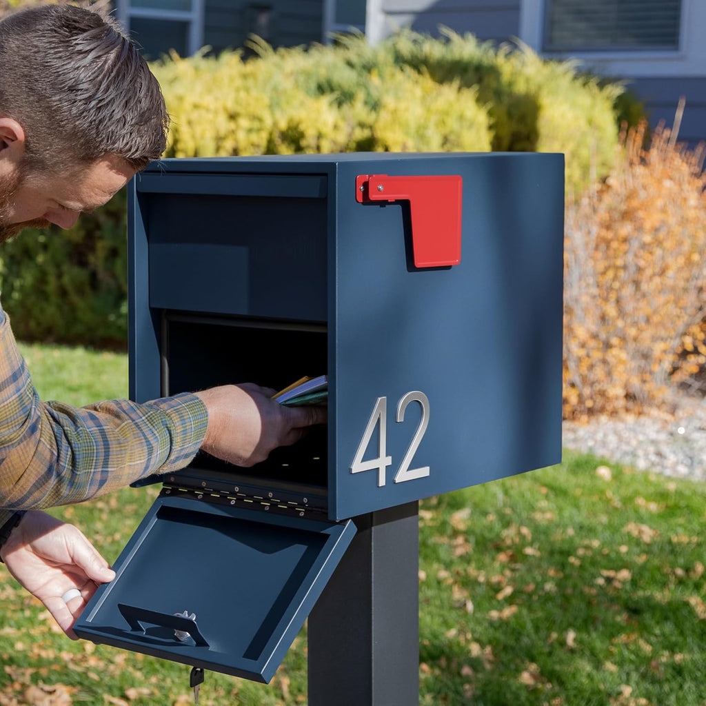Adoorn Lockable Post Mount Mailboxes for Outside - Large Anti-Theft Locking Mailbox for Packages and Letters - Weatherproof Construction - Durable Steel - 15.5' H x 12' W x 18.5' D - Navy