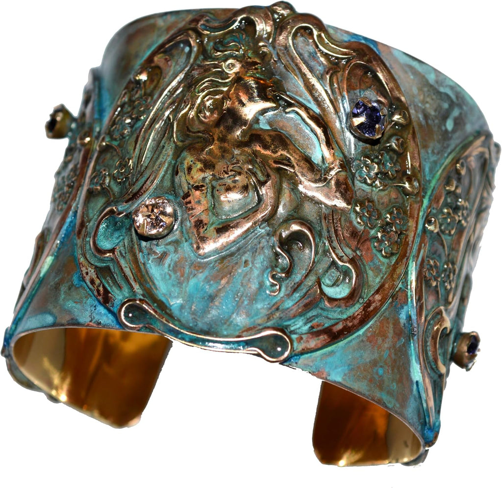 Elaine Coyne Collectible Artwear Patina Brass Art Nouveau Lady with Flowers Cuff Bracelet - European Crystals