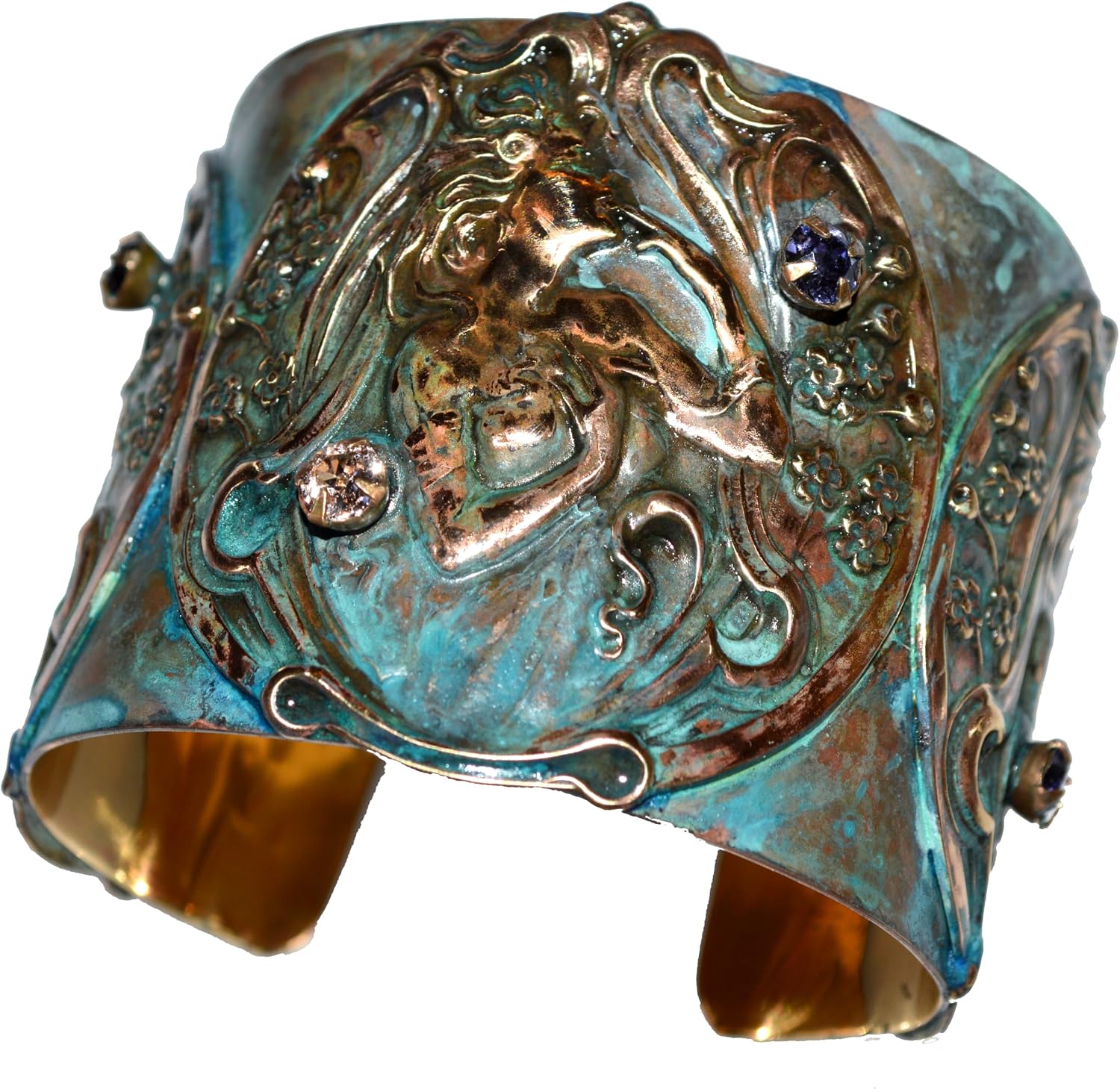 Elaine Coyne Collectible Artwear Patina Brass Art Nouveau Lady with Flowers Cuff Bracelet - European Crystals