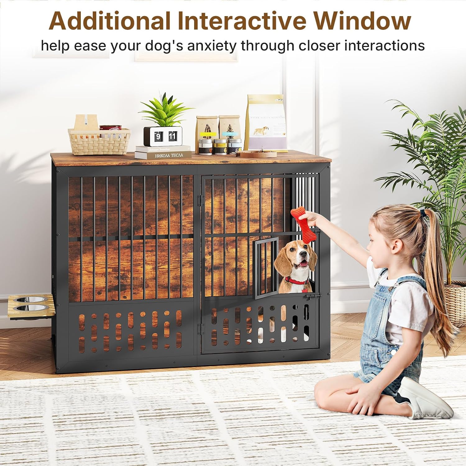 Rovibek 48 Inch Dog Crate Furniture, Wooden Dog Cage Furniture with Window and Adjustable Dogs Bowls 360° Rotatable, Heavy Duty XL Kennel Indoor as End Table, Brown