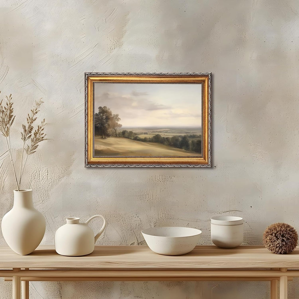 Large Gold Framed Classic European Pastoral Landscape Canvas Wall Art Vintage English Countryside Horizon Oil Painting Poster Retro Rolling Hills Artwork Prints for Rustic Farmhouse Decor 24x36inch