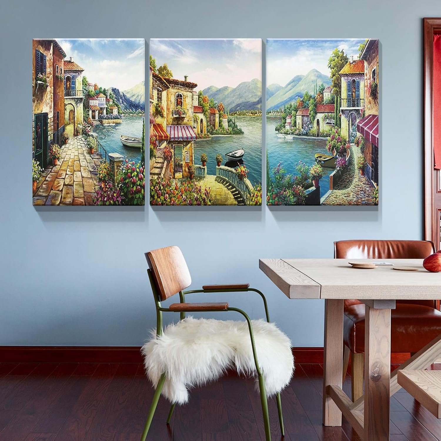 Denozer 3 Piece Canvas Wall Art - European Town Canvas Wall Art - Coastal Flower Garden Artwork Painting Reproduction Print for Office Gallery Wrapped Ready to Hang (30'x40' x 3 Panel)