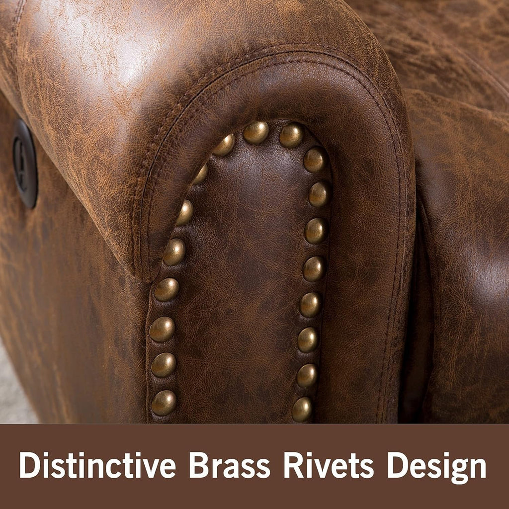 Distinctive Brass Rivets Design Electric Recliner Chair Breathable Bonded Leather Classic Single Sofa Chairs for Home Theater Living Room Bedroom