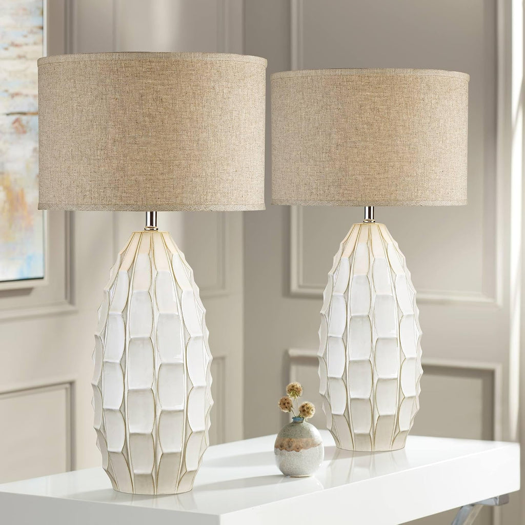 Possini Euro Design Cosgrove 32 3/4' Tall Oval Large Mid Century Modern Coastal End Table Lamps Set of 2 White Ceramic Living Room Bedroom Bedside Nightstand House Beige Shade (Colors May Vary)