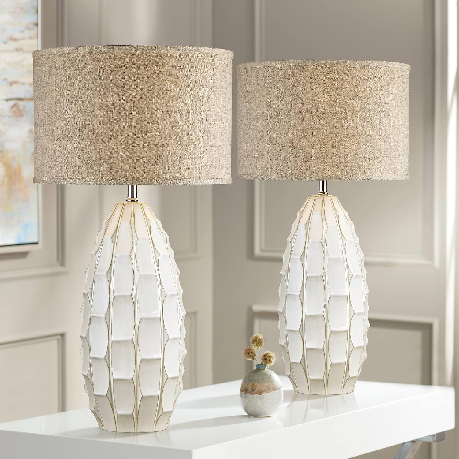Possini Euro Design Cosgrove 32 3/4' Tall Oval Large Mid Century Modern Coastal End Table Lamps Set of 2 White Ceramic Living Room Bedroom Bedside Nightstand House Beige Shade (Colors May Vary)