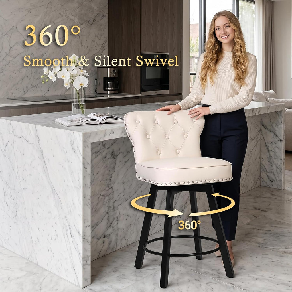 Counter Height Bar Stools Set of 2, 26' Mid-Century Swivel Bar Stool with Metal Base for Kitchen Island, Rivet Armless Faux PU Leather Barstool with High Back and Large Thick Cushion, Beige