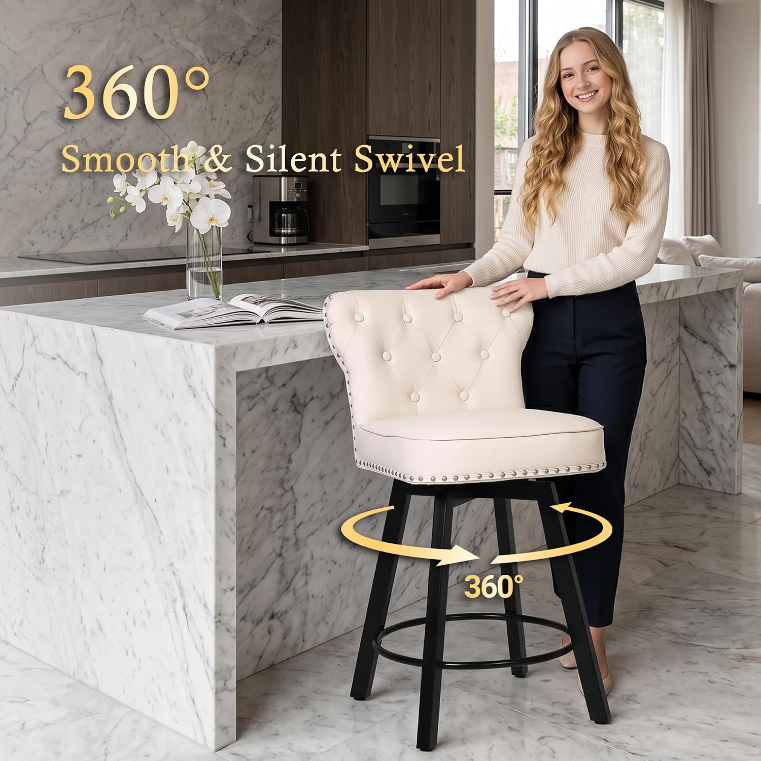 Counter Height Bar Stools Set of 3, 26' Mid-Century Swivel Bar Stool with Metal Base for Kitchen Island, Rivet Armless Faux PU Leather Barstool with High Back and Large Thick Cushion, Beige