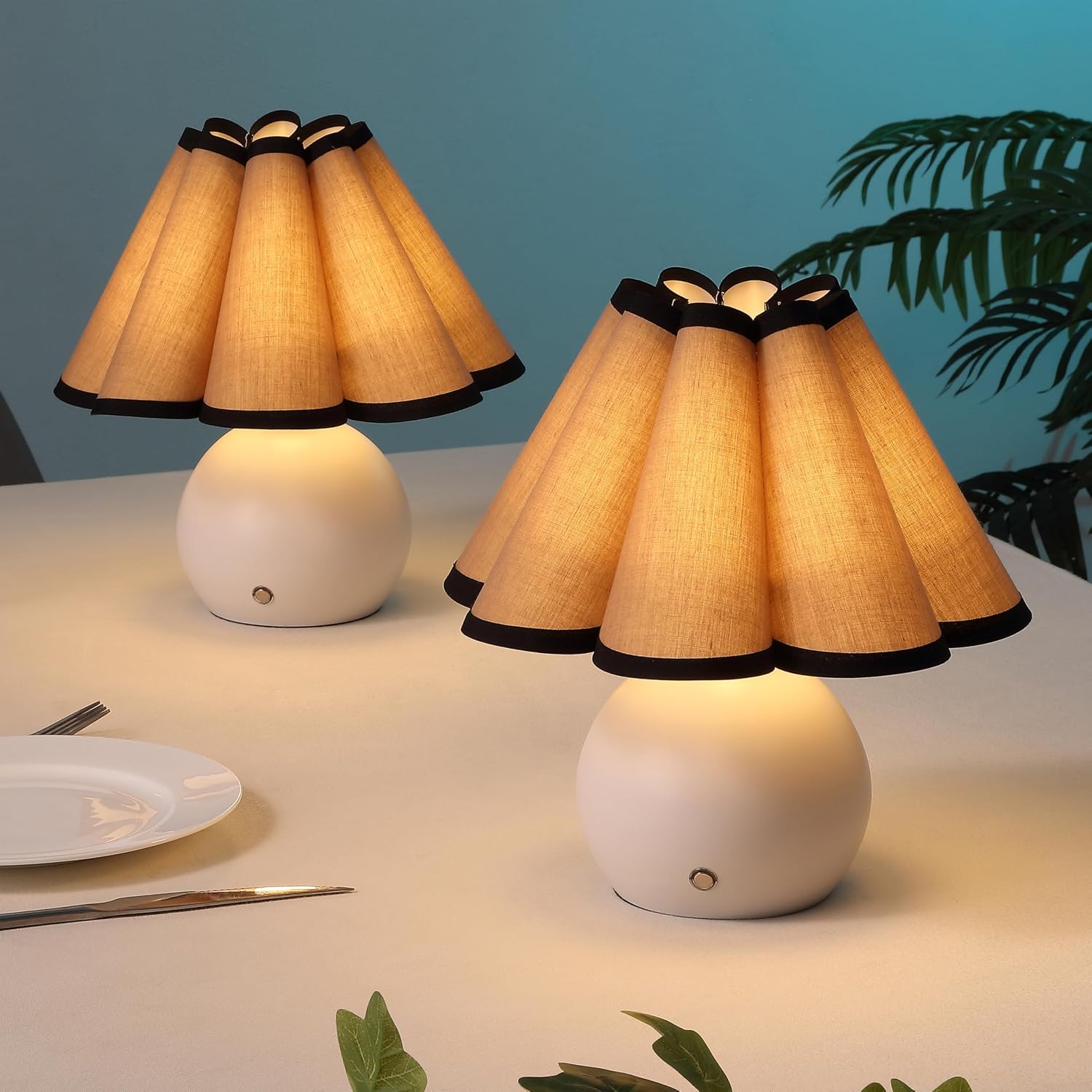 JONATHAN Y 10.5' Ivory Rechargeable Cordless Integrated LED Table Lamps Set of 2, Classic Vintage Scalloped Linen Shade, Dimmable Touch Sensor Accent Lamps JYL7157A-SET2
