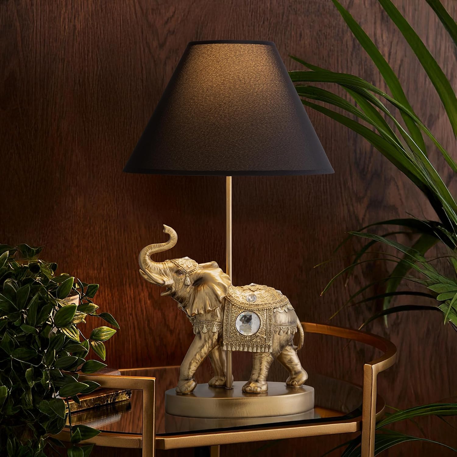 ICE ARMOR 18.5' Detailed Craftsmanship Golden Elephant Table Lamp - Bedside Light with Fabric Shade, Exotic Decor & Cultural Ambiance