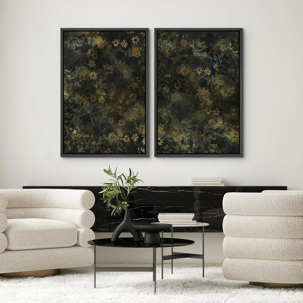 SIGNWIN Framed Canvas Print Wall Art Set Botanical Shadows Dark Floral Illustrations Modern Art Rustic Relax/Calm for Living Room, Bedroom, Office - 24'x36'x2 Black