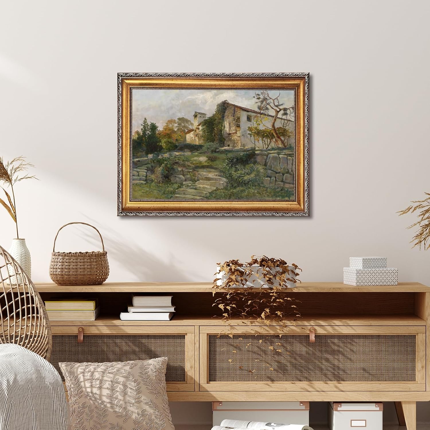 Large Framed Vintage European Countryside Village Wall Art Canvas Print Rustic Farmhouse Landscape Painting with Cottages Trees Pastoral Artwork Picture Decor for Living Room Bedroom Office 24X36inch