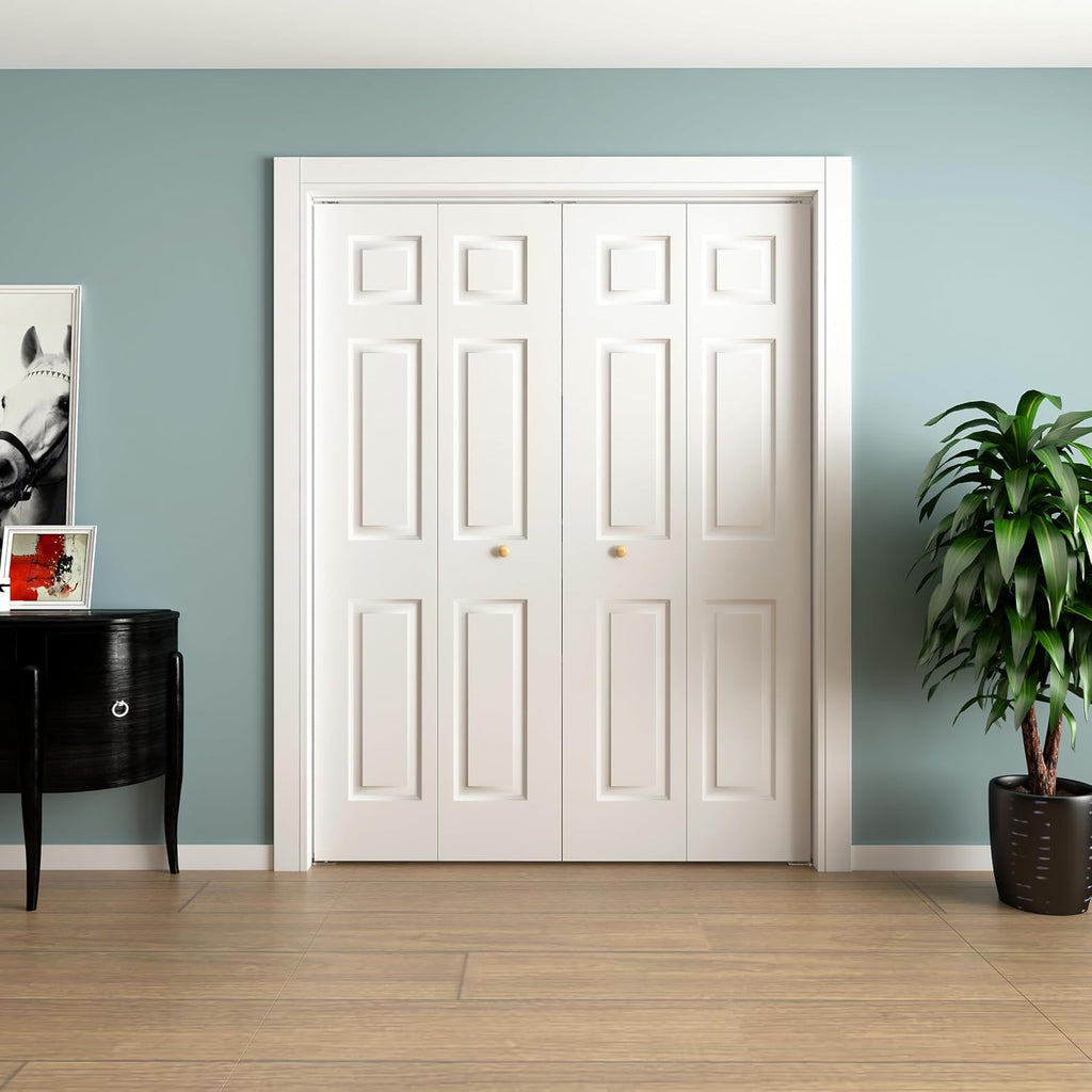 JUBEST Bifold Doors, 6 Panel Primed Bifold Closet Doors for 60'x80' Door Opening, Modern White Hollow Core Bi-Fold Door Slab with Hardware Kit & Knob, Widely Used, Primed