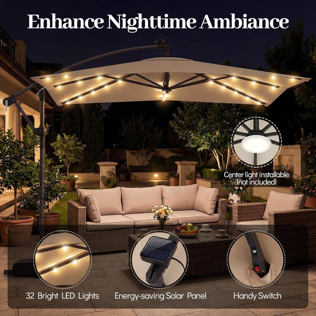 Tangkula 8x8 FT Solar Patio Umbrella with Base Included, Square Offset Cantilever Outdoor Umbrella with 360 Degree Rotation, 32 LED Lights, Crank Handle, 2 Sandbags, 8 Ribs, Air Vent for Pool Deck Garden Backyard