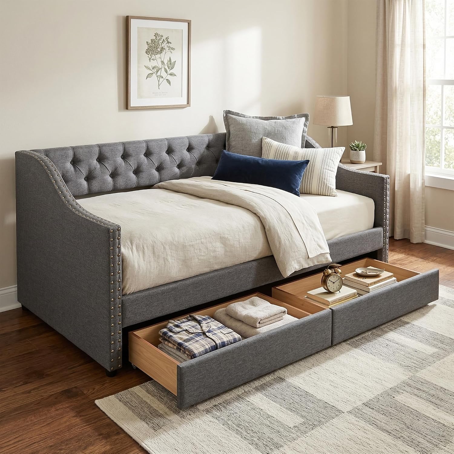 Christopher Knight Home Twin XL Daybed Frame with Two Drawers, Linen Fabric Upholstered Sofa Couch, 85'' Living Room Sleeper Sofa, Cozy Daybed for Bedroom, Diamond-Tufted Design, Rivet Armrests, Gray