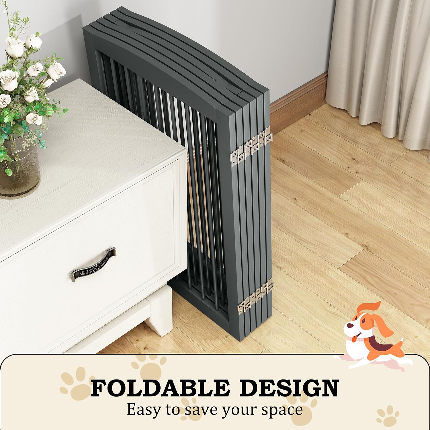 PUPETPO Freestanding Pet Gate with Door, Tall Dog Gate for House, Extra Wide, Pet Puppy Safety Fence, Support Feet Included, 120 Inch Wide, 6 Panels 32' Tall, Gray