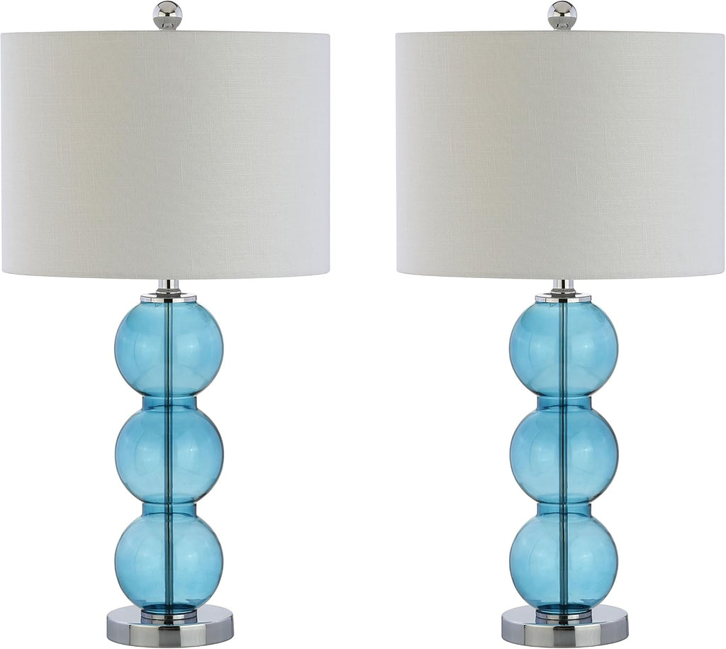 JONATHAN Y 27' Sky Blue/Chrome Triple-Sphere Glass Table Lamp Set of 2, Bedside, White Linen Shade, Modern Table Lamps for Living Room, Bedroom, Office, LED Bulbs Included (JYL1070C-SET2)