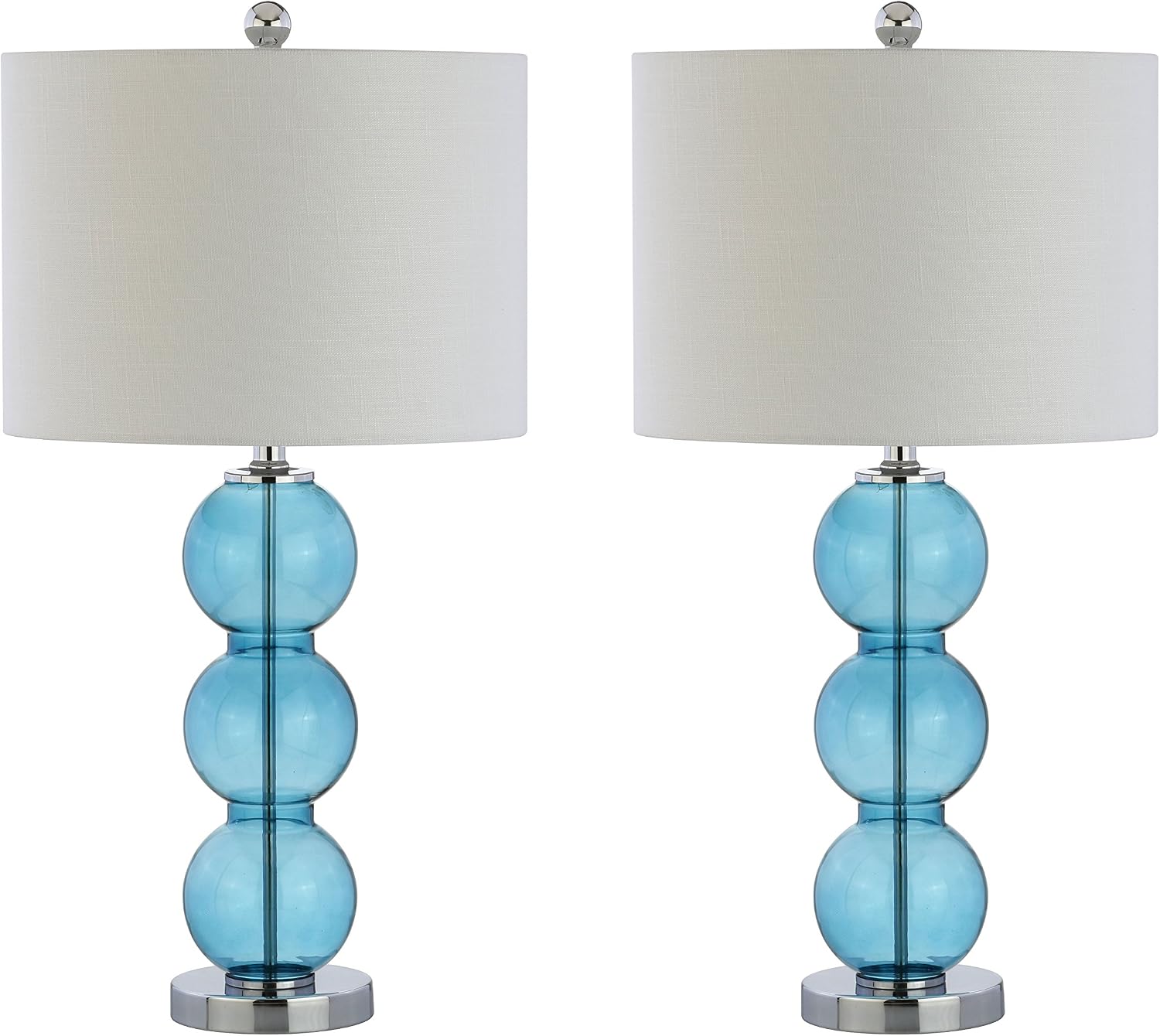 JONATHAN Y 27' Sky Blue/Chrome Triple-Sphere Glass Table Lamp Set of 2, Bedside, White Linen Shade, Modern Table Lamps for Living Room, Bedroom, Office, LED Bulbs Included (JYL1070C-SET2)