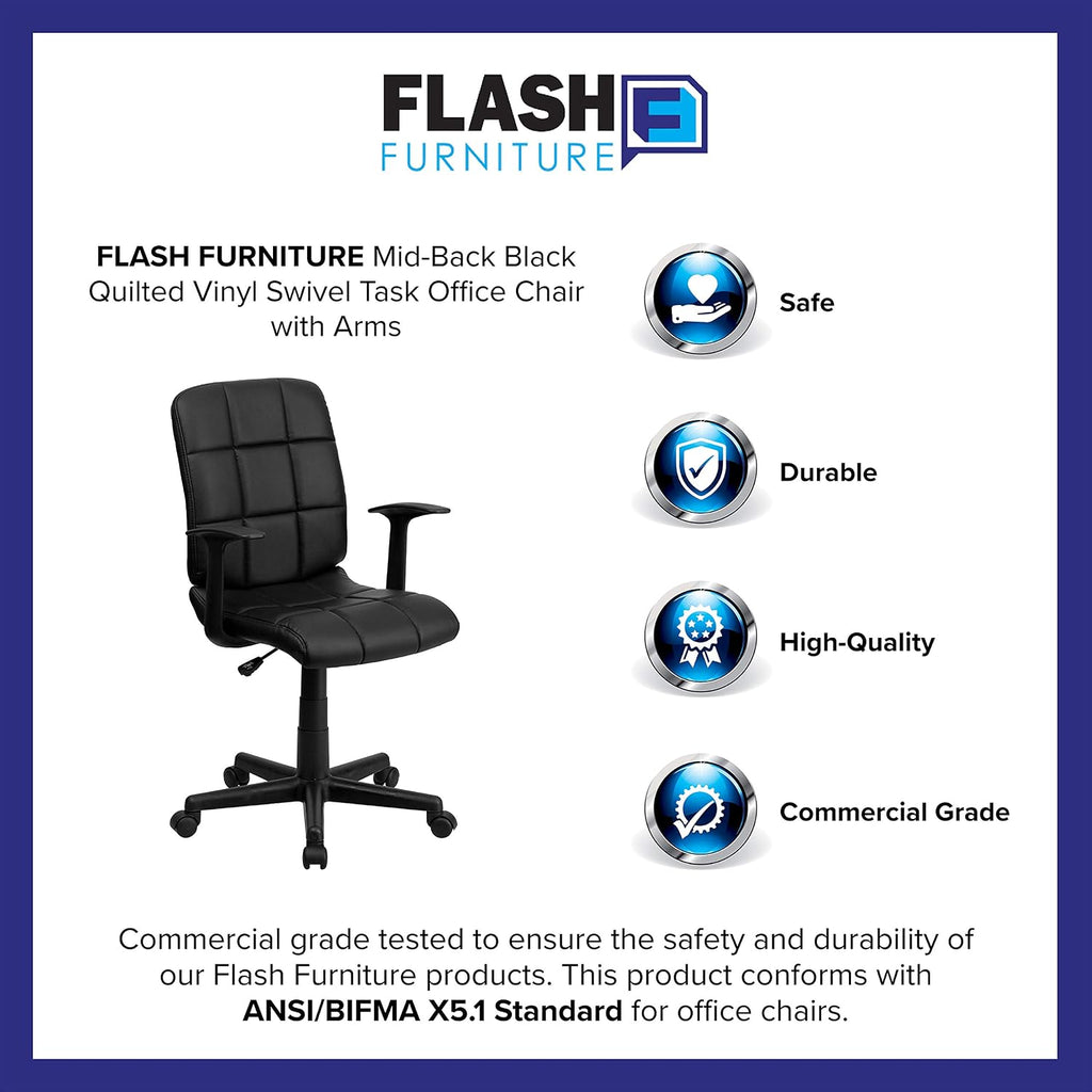 Flash Furniture Clayton Mid-Back Black Quilted Vinyl Swivel Task Office Chair with Arms