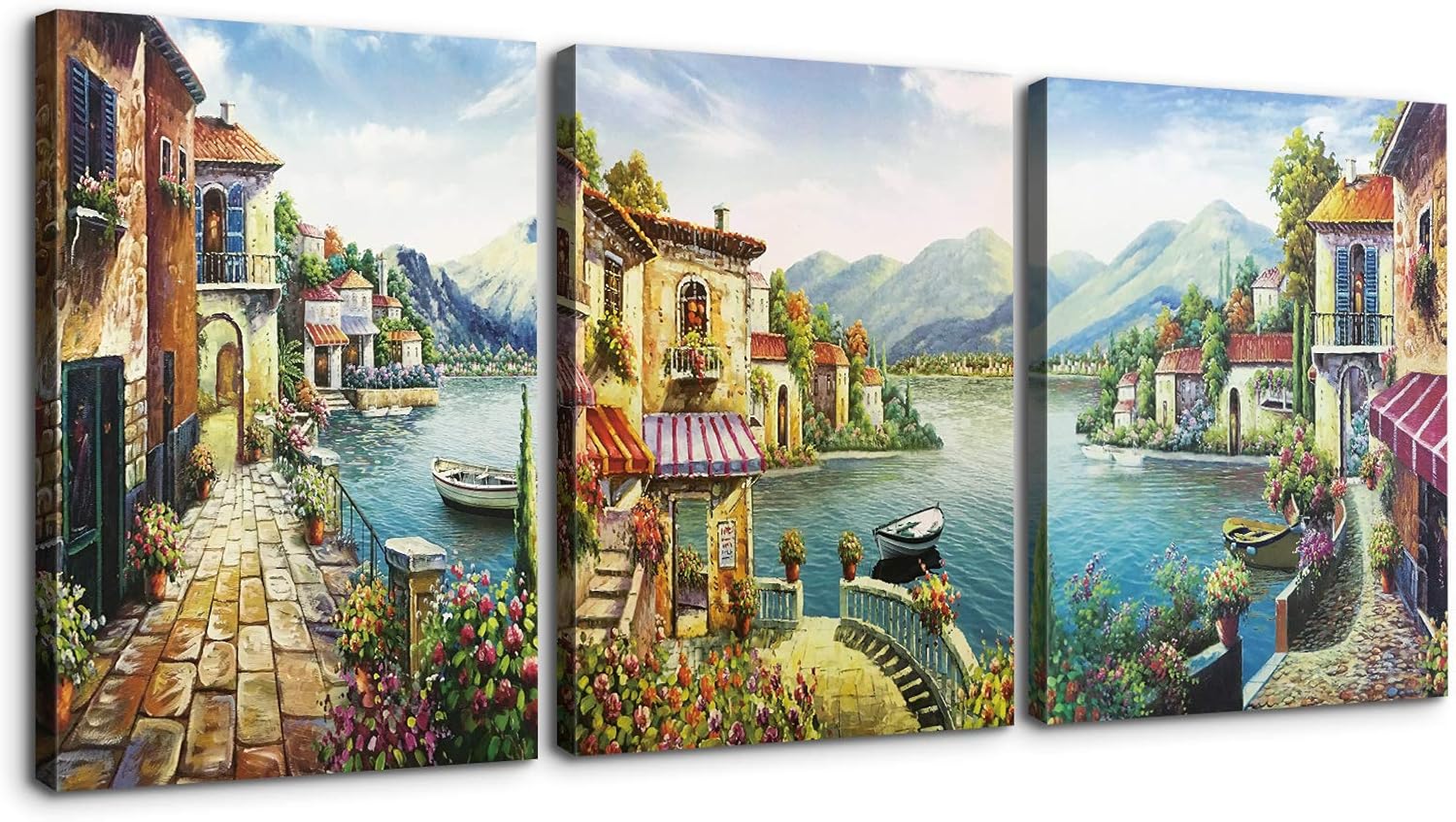 Denozer 3 Piece Canvas Wall Art - European Town Canvas Wall Art - Coastal Flower Garden Artwork Painting Reproduction Print for Office Gallery Wrapped Ready to Hang (30'x40' x 3 Panel)