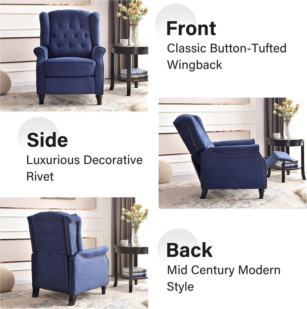 Bonzy Home Wingback Pushback Recliner Chair, High Back Upholstered Armchair with Solid Wood Legs, Rivet Decoration, Blue