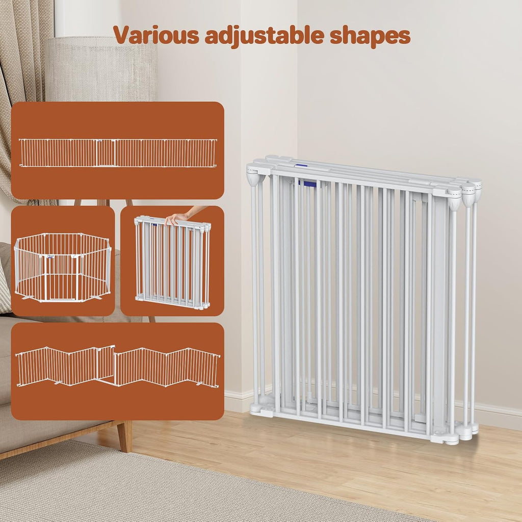 Baby Gate 27.5'-199' Extra-Wide Playpen with Stands Child Safety Fence | Play Yard, Dog Gate with Auto-Close Door, Double Locking System for Fireplace, Foldable 8 Panels, White 29' Height