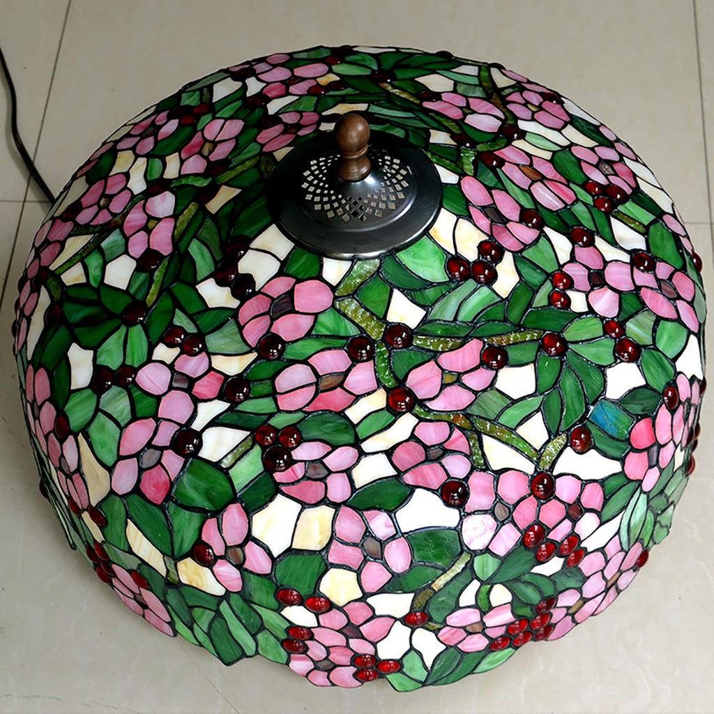 Pink Stained Glass Green Leaves Table Lamp, 20 Inch Tiffany Style Pastoral Cherry Blossom Bedroom Bedside Lamp, Living Room Office Table Decoration Lamp with Pull Cord Switch,A
