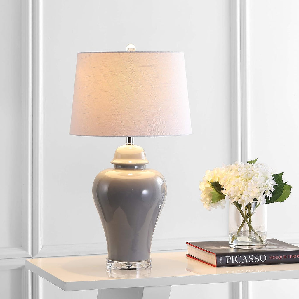 JONATHAN Y 27' Gray Ceramic Urn Table Lamp Set of 2 for Living Room, Bedside Nightstand Lamps for Bedroom, Farmhouse Decor with White Linen Shade, LED Bulbs Included JYL4020A-SET2