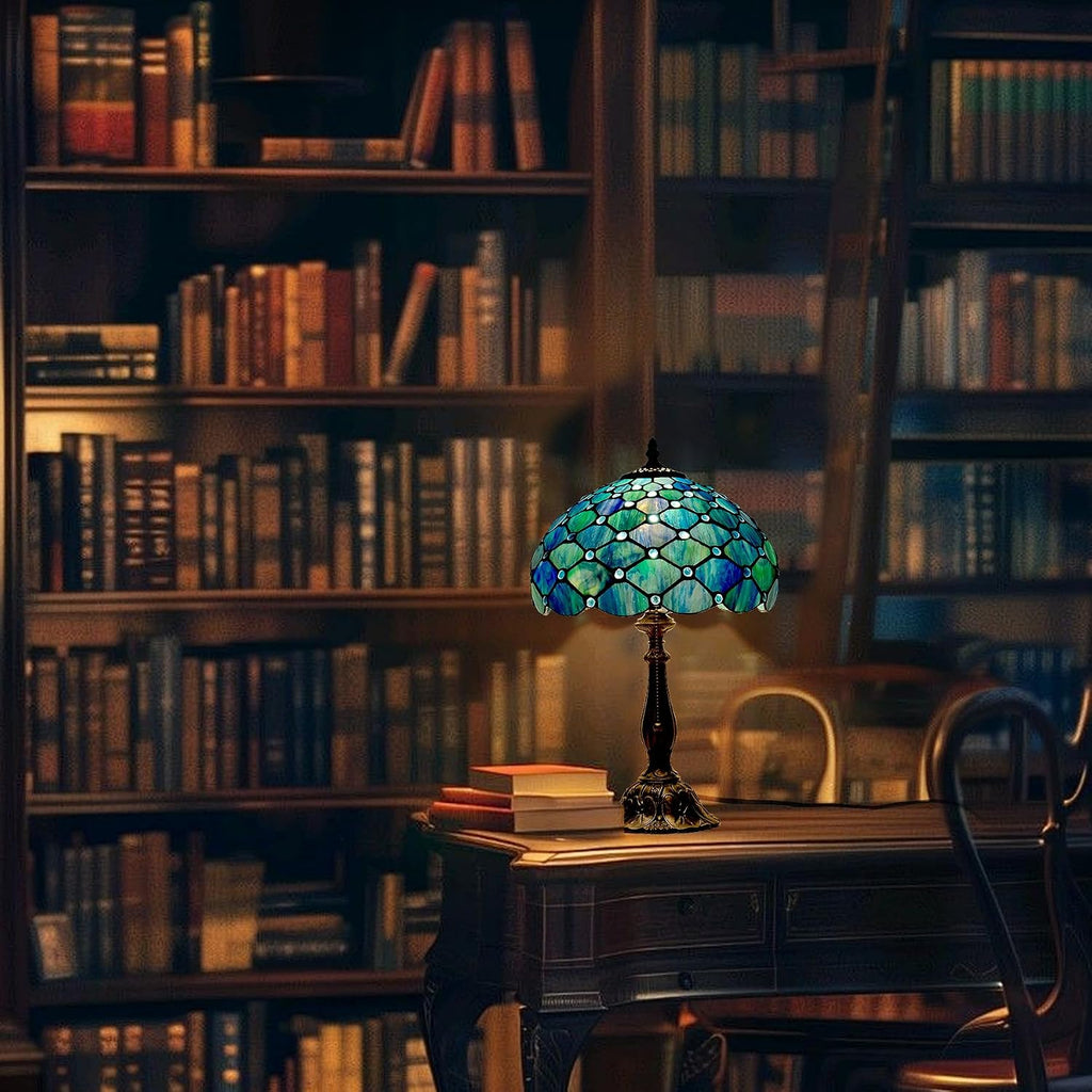 Tiffany Style Table Lamp Vintage Stained Glass Desk Lamp Sea Blue Pearls Bedside Reading Light Decor Bedroom Living Room Entry Home Office D12 xH18