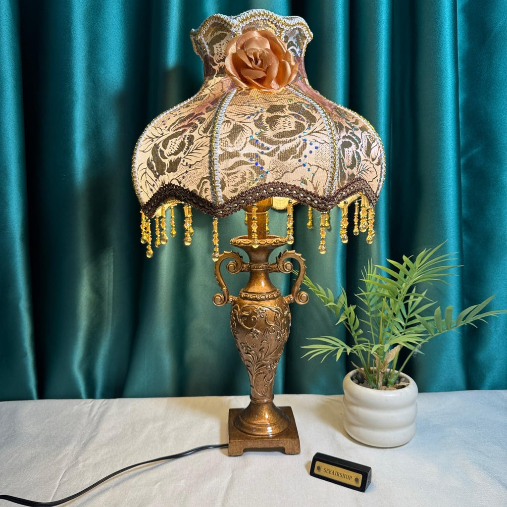 SEESIRHOP Vintage Table Lamp Flower 1 Light Floral Victorian Lamp Beaded Fringe Lamp Brown Fabric Lampshade European Nightstand Lamp with Lace