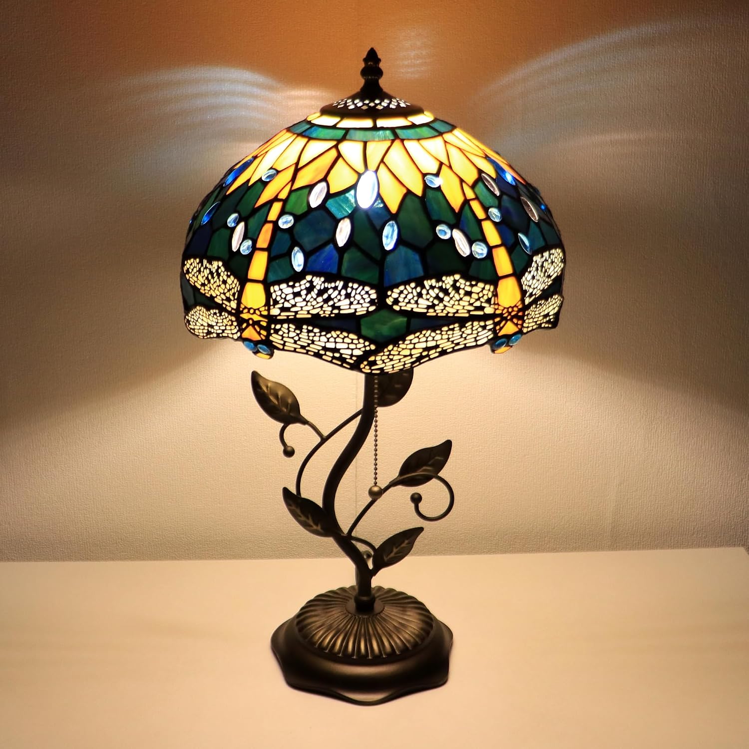 Tiffany Lamp Yellow Dragonfly Style Stained Glass Table Lamp Desk Bedside Reading Light 12X12X19 Inches with Metal Leaf Base
